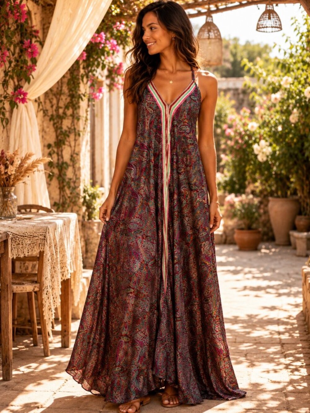 Boho Maxi Dress - Paisley - Halter Open - Back Resort Dress